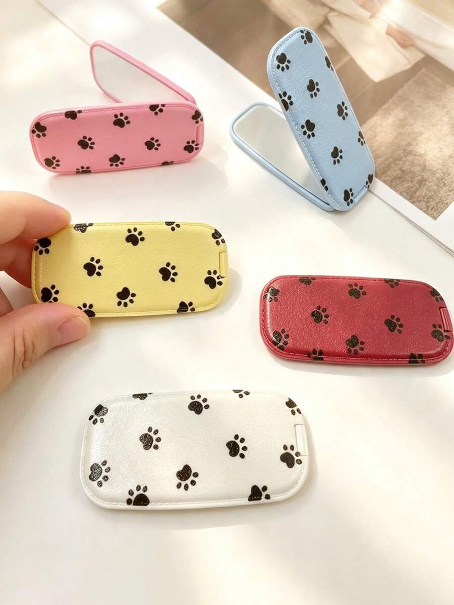 1PC Imitation Leather Grain Mirror Makeup Phone Holder, Adhesive Foldable Mirror Back Sticker, Dual Horizontal & Vertical Use Portable Desktop Stand - Full-screen Paw Prints - View 1