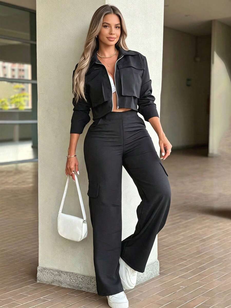 Fall Women's Solid-Color Casual Workwear Set: Lapel-Collar Long-Sleeve Zipper Top And High-Waisted Straight-Leg Pants With Side Zipper (Two Pieces Set) - Black - View 1