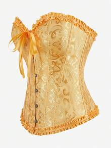 束胸上衣 罩胸式 Bustier 經典緹花 無肩帶 心形領 荷葉邊飾 腰部塑身衣 復古宮廷風 收腹束腰 萬聖節服裝 - 金色 - 查看 8