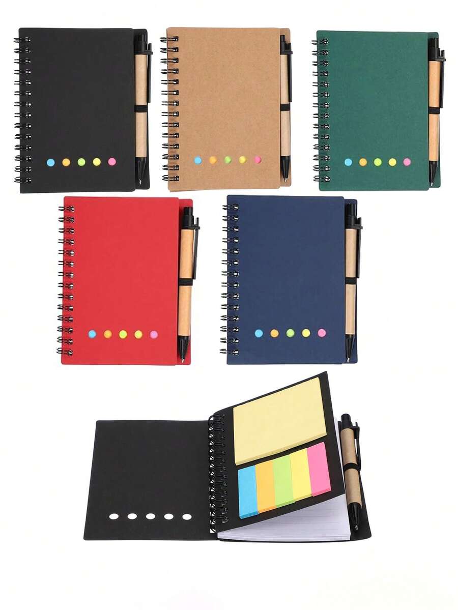 Juego de cuadernos de bolsillo con espiral, notas adhesivas y bolígrafo, cuaderno pequeño de 3.9 x 5.1 pulgadas con líneas, pestañas de índice de notas adhesivas de 6 colores surtidos, adecuado para uso de oficina y negocios - Set de libretas de espiral de 5 orificios - Ver 1