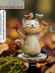 1pc 2D Acrylic Garden Stake, Suitable For Soil. Cat Design With One Bird On Hand And One On Head, Adds Charm To Outdoor Yard, Can Be Used As Flower Pot Decoration, Perfect For Flower Pot Embellishment - A - View 1