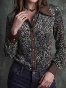 Kemeja Wanita Motif Macan Tutul Fashion Musim Gugur, Blus Berkerah Lengan Panjang dengan Detail Kancing Emas, Atasan Regular Fit - Dark Green - View 4