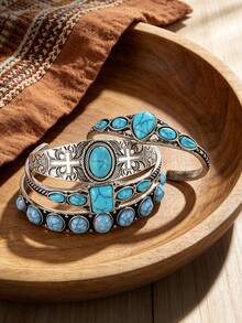 Yanxyad 1/4Pcs Western Boho Turquoise Open Cuff Bangle Set, Antique Silver Carved Cross Adjustable Bracelets For Women - Turquoise - View 2