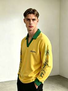 Yellow & Green Color Block V-Neck Polo Long Sleeve Tee, Vintage Script Print Men Streetwear Top - Multicolor - View 4