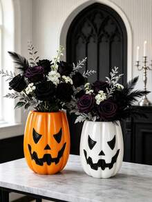 1pc Halloween Gothic Pumpkin Decorative Vase, Scary Face Design Flower Stand, Multi-Functional Desktop Container, Suitable For Vanity And Desktop Decor - Pumpkin - View 7