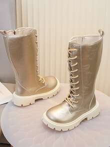1 Pair Girls' Gold High-Top Boots, Lace-Up Side Zipper Thick Sole Riding Boots, Children's Fashion Performance Long Boots - Gold - View 7