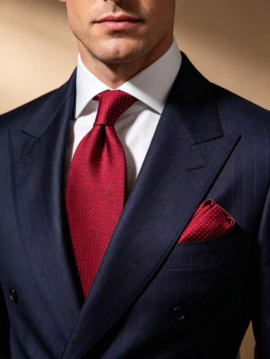 1 Set Fashionable High-End Silver Shiny Polka Dot Tie And Pocket Square 2pcs Set Suitable For Business Casual Banquet Dinner Wedding - Bright Red - View 1
