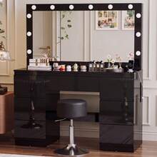 Devoko Dressing Table In Matte White With LED Cosmetic Mirror, Vanity Table Without Stool With 12 LED Lamps, Power Outlets, USB & Type-C, Jewelry Storage And 7 Drawers - 黑色高光+深灰色凳子 - 查看 2