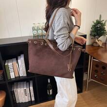 Minimalist Solid Suede Tote Bag, Dual Adjustable Buckle Straps With Metal Eyelet Details, Soft Slouchy Shape Portable Daily Outing Bag For Ladies - Coffee - View 5