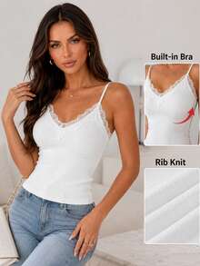 ChicMe Women Built-In Bra Cami Top V-Neck Spaghetti Straps Lace Spliced Ribbed Slim Fit Tank Shirt Daily Casual Wear - Beige - View 4