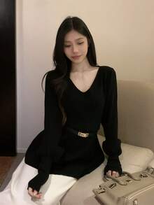 Slimming V-Neck Knitted Sweater, Autumn/Winter Base Layer Top - Black - View 3