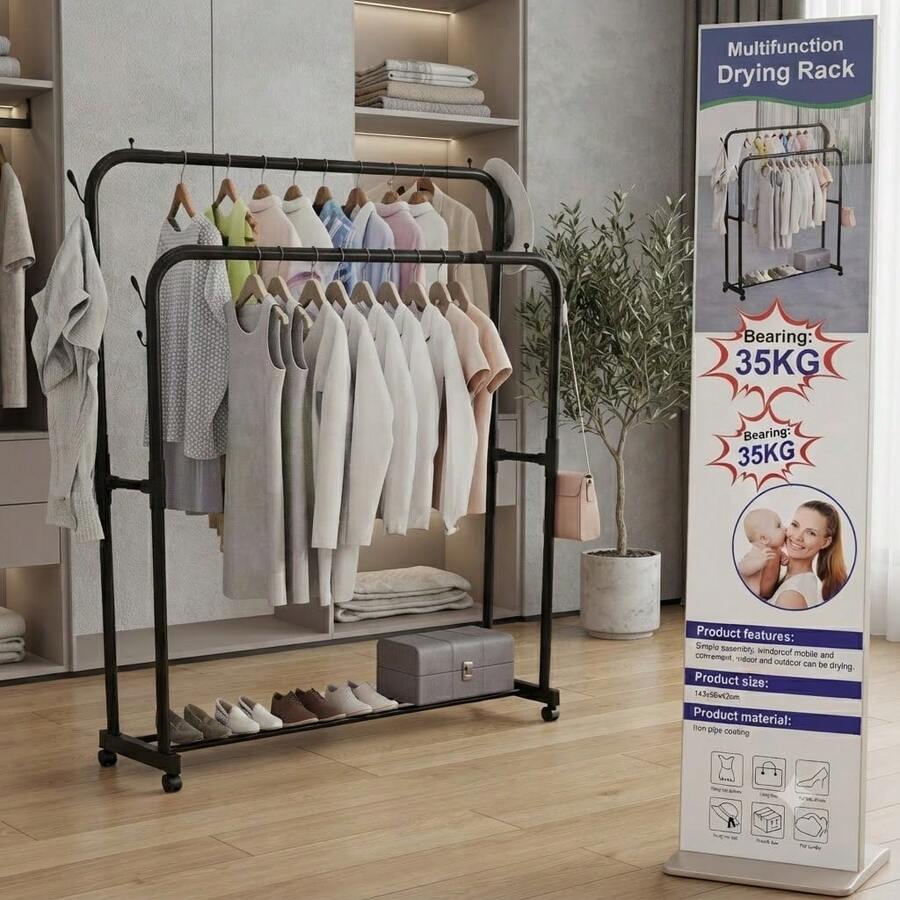 Todo Hierro Raganet, Perchero para Ropa de Doble Poste, Closet Plegable de Acero Inoxidable, Organizador de Ropa, Calzado y Accesorios, Medidas 150 cm alto x 110 cm Largo x 57.5 cm Ancho - Negro - Ver 1