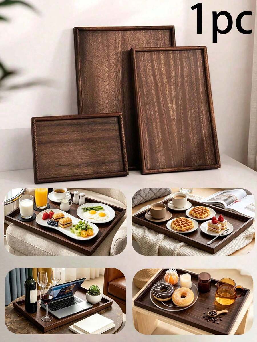 1pc Brown Wooden Rectangular Tray, Home Dessert Plate, Hotel Restaurant Coffee Plate, Tea Tray, Rectangular Decorative Tray, Suitable For Home Decor, Kitchen Dining Table, Candle Holder, Suitable For Fruit, Sushi, Steak, Bread, Snacks Wooden Display Tray - Brown - View 1