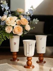 1pc French Vintage Ceramic Vase With Wooden Base, Floral Pattern Decorative Vase, Elegant Luxury Home Decor, Suitable For Living Room, Dining Table, Entryway, Shelf, Can Hold Fresh Flowers Or Dried Flowers, Unique Housewarming Gift, Ramadan And Eid Gift - Wooden High Legs - View 9