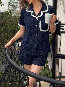 DAZY 2pcs/Set Women's Pajamas Homewear, Lapel Short Sleeve Floral Print With Pockets, Shorts Comfortable, Suitable For Home Leisure - Blue - View 3
