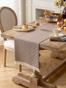 1/20pcs Vintage Minimalist Brown & White Small Checkered Tassel Edge Table Runner, Lightweight & Breathable, Home Dining Table, B&B Dining Table, Holiday Gathering, Picnic Decor, Entryway Console Table Decoration - Brown - View 2