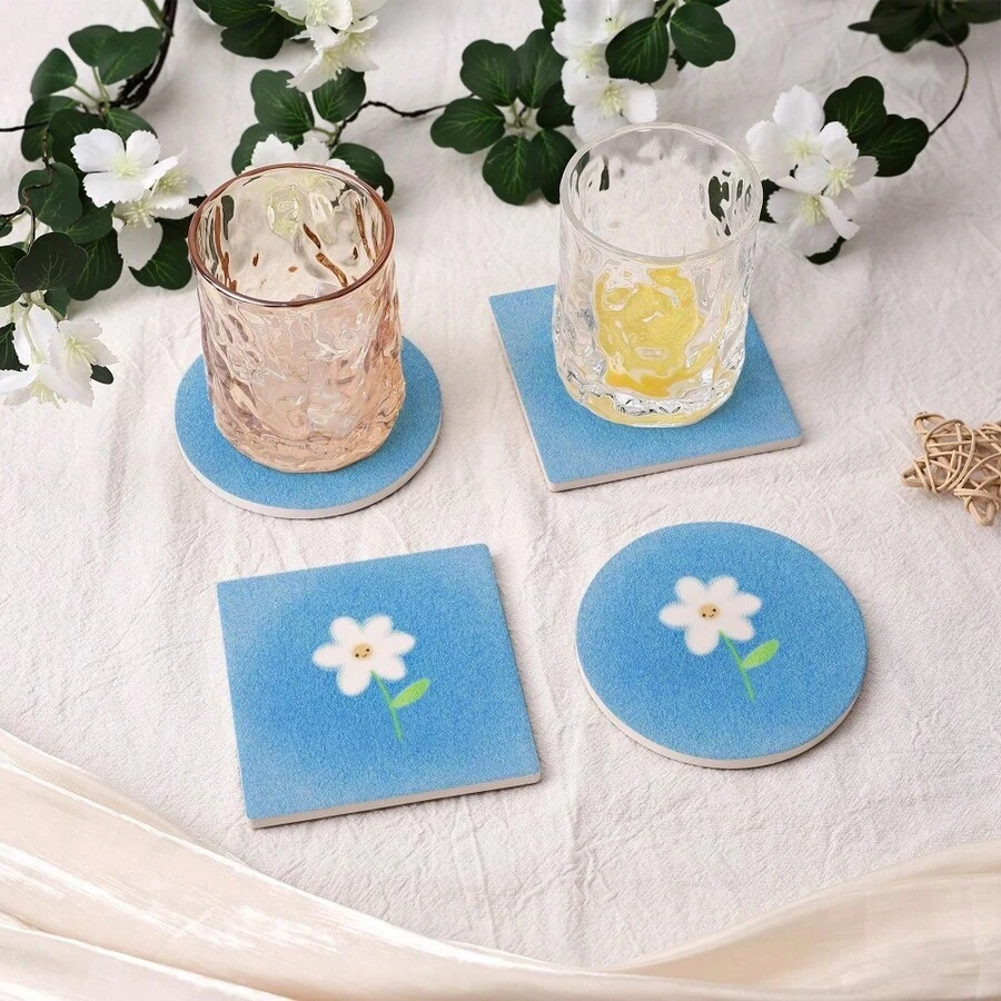 Minimalist Fresh White Daisy Acrylic Coasters, Absorbent Heat-Insulating Non-Slip Bottom Square & Round Floral Cup Mats For Home Desktop Protection Decor, Housewarming Gift - Multicolor - View 1
