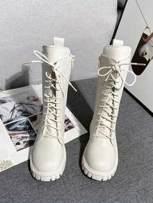 Toddler Girls White Knee-High Combat Boots, Lace-Up Side Zipper Thick Sole Winter Boots, Kids Chunky Sole Non-Slip High-Top Boots (White Boots Random 2 Colors Lining) - Beige - View 7