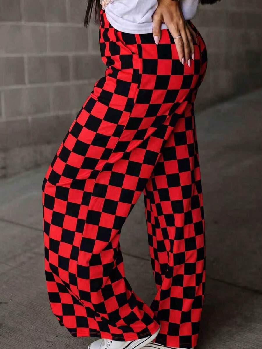 女士春秋新款时尚简约棋盘格纹休闲裤,个性小众宽松阔腿裤,适合工作、通勤、办公室、旅行、聚会、上学、居家、日常百搭穿着 - 黑紅色 - 查看 1