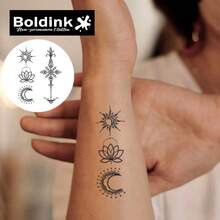 Boldink 1PC Lotus Crescent Moon Cross Line Art Temporary Tattoo Sticker, Waterproof Body Art Tattoo, Lasts 1-2 Weeks, Plant Juice Formula, And Gentle, Non-Irritating, Perfect For Daily Outfits, Body Decoration, Unisex Chinese Style Gift, Essential For People - Black - View 6
