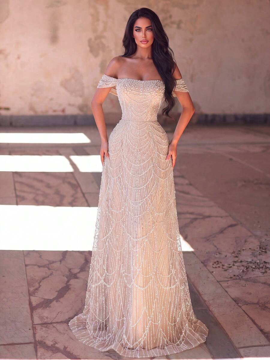 Faeriesty Romantic Open Shoulder Short Sleeve Beaded Formal Dress, Decorated With Contrast Sequins And Flared Hem Fall Wedding