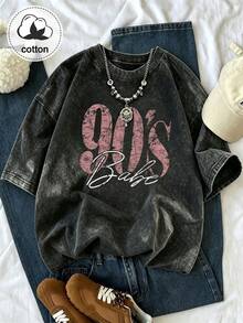 Plus Size Women's 90s Vintage Print T-Shirt, Retro Large Letter Pattern Casual Short Sleeve Washed Top Black Summer - Black - View 10