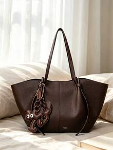 趣味卡通造型吊飾配件，細緻紋理包身，字母壓紋裝飾，質感通勤風托特包，女款日常通勤、旅行、購物手提包，優雅大容量肩背包，日常百搭大容量包 - 咖啡 - 查看 4