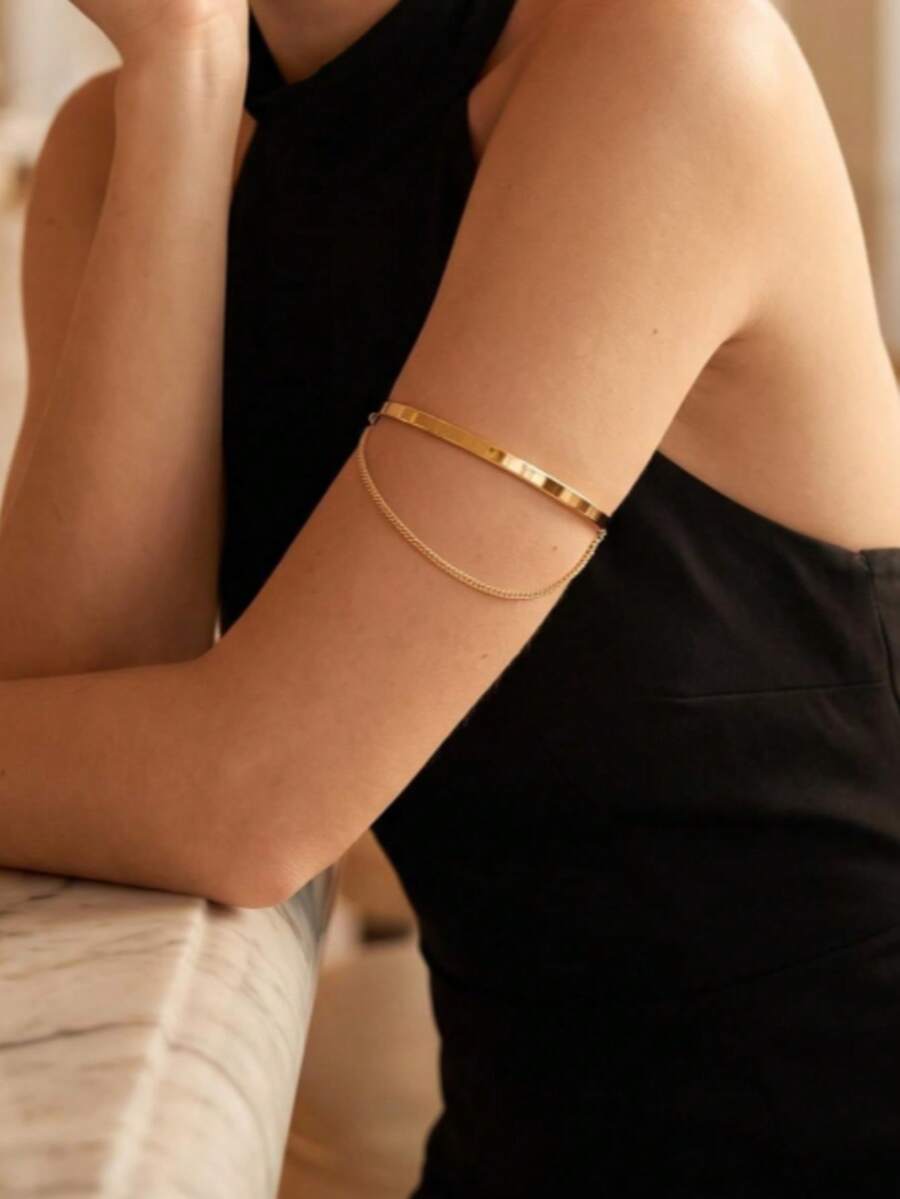1pc Minimalist Elegant Versatile Chain Tassel Open Cuff Bracelet For Women - Gold - View 1