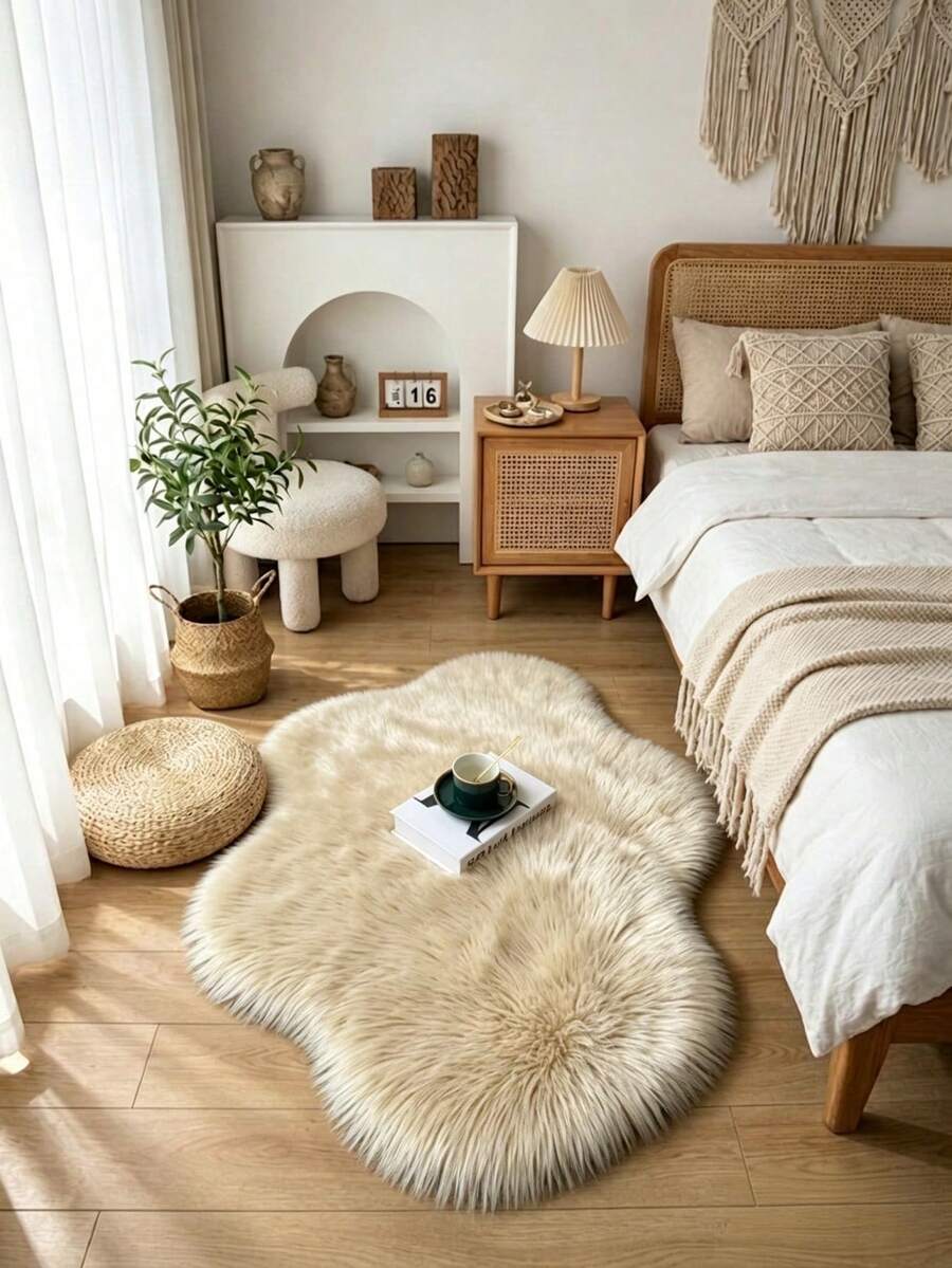 1pc Apricot Cloud Hexagon Shaped Long Plush Rug, Nordic Style Long Plush Striped Mat, Irregular Size, 1-5cm Cutting Error, Bedroom Bedside Mat, Christmas Gift, Bay Window Blanket Sofa Pad, Soft Decorative Rug, Bedroom Decor, Small Rug, Carpet, Home Decor, Living Room Rug, Living Room Small Rug, Bedroom Rug, Washable Rug, Plush Rug, Fuzzy Rug, Autumn/Winter Rug, Thick/Plush - Apricot - View 1