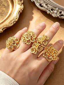 4/5pcs Women's 18K Gold Plated Hollow Flower Adjustable Open Ring, Vintage Personalized Wedding Finger Ring - Gold - View 4