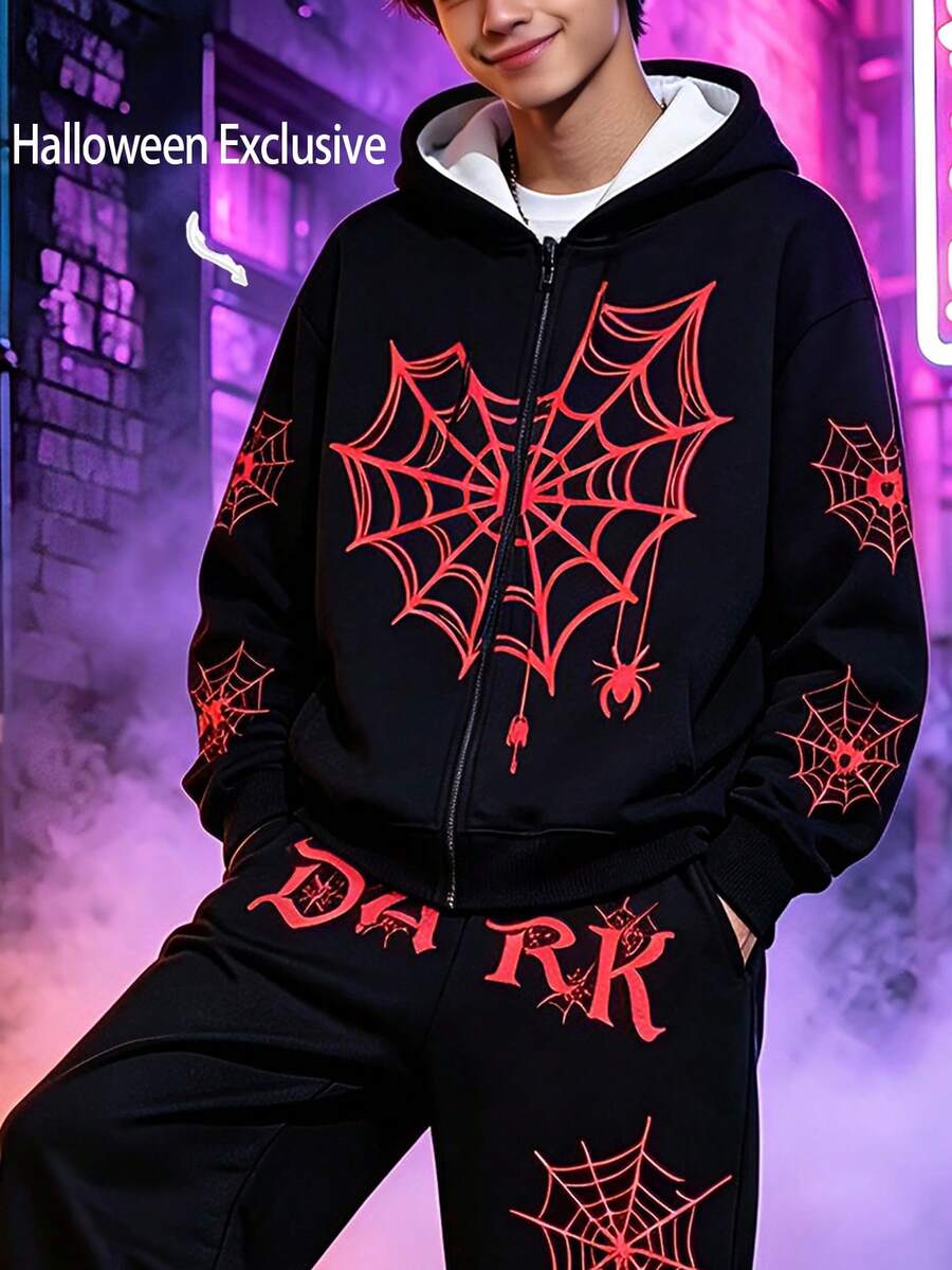 Lurzo Boys Gothic Style Halloween Zipper Hoodie, Red Spider Web Pattern Zip-Up Jacket, Easy To Put On And Take Off, Suitable For Daily/Halloween Wear - Black - View 1