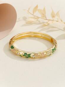 1pc Fashion New Style Gold Plated Exquisite Rhinestone Flower Pattern Enamel Cloisonne Bracelet Bangle Jewelry Gift For Girls Women - Green - View 4