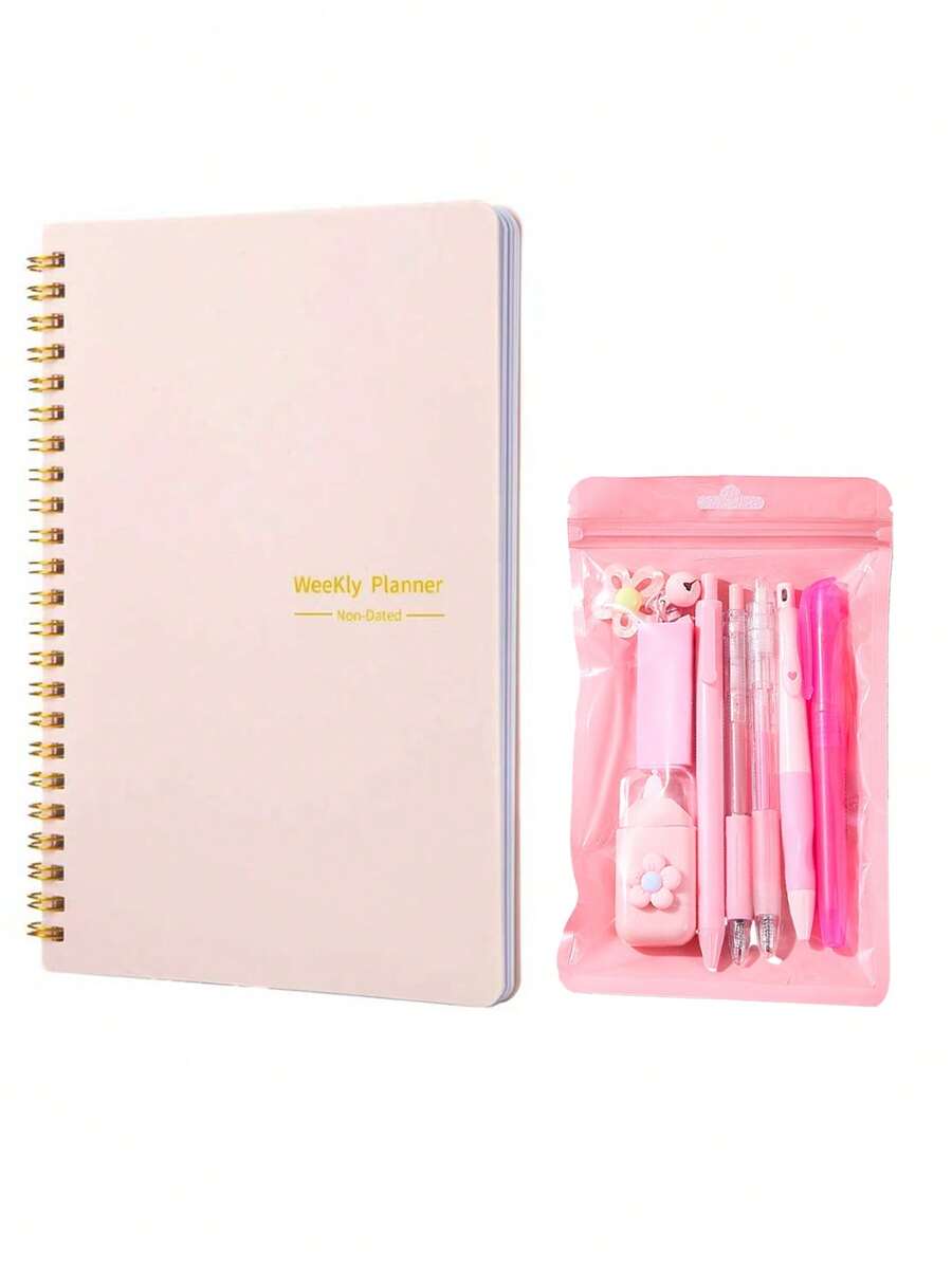1/8/9pcs Pink Stationery Set, Includes Weekly Planner, Ballpoint Pen, Highlighter, Pencil, Eraser And More. Cute Girl Theme Stationery, Suitable For Young Girls And Teenagers, Back To School Essential, Perfect For School And Classroom Use - Multiple Styles - View 1