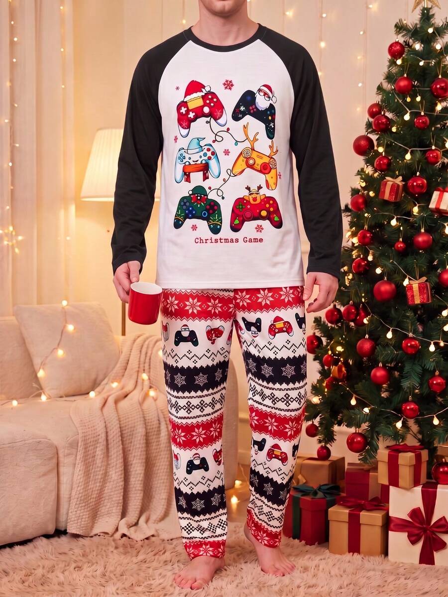 Men's Plus Size Long Sleeve Pajama Set, Cartoon Game Controller Print Top + Plaid Pants, 2 Pieces Lounge Wear, Fun Christmas Sleepwear Set For Autumn/Winter - Black - View 1