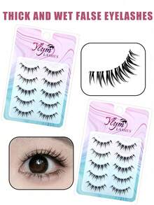 10pcs Cartoon Wet Look False Eyelashes, One-Piece Grafting Effect, Transparent Thin Stem, Dense & Curly, Reusable For Beginners - Black - View 3