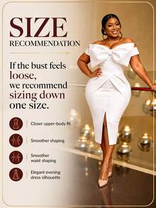 Fashion Plus Size Women's White Fitted Mid-Length Dress, Off-Shoulder Large Bow Front Slit, Elegant Wedding Guest Party Evening Summer Dress - White - View 3