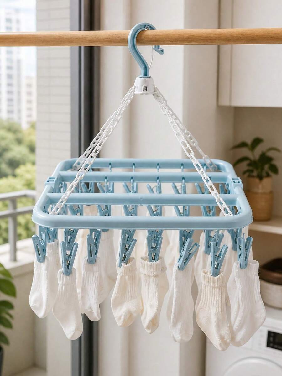 1pc 32-Clip Rotating Plastic Clothes Drying Rack, Foldable Sock And Underwear Hanger With Space-Saving Design, Small Laundry Organizer For Bedroom, Bathroom, Closet, Dorm Room And Laundry Room, Compact Indoor Outdoor Hanging Rack For Garment Care