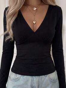 SCARLUX Fall Y2K Women Basic Black Off‑The‑Shoulder Top, Cross V‑Neck Slim‑Fit Long Sleeve Tee For Back To School Going Out Casual Wear - Black - View 8