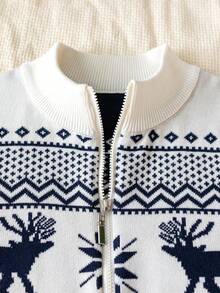 Boys' Preppy Polka Dot & Deer Knit Cardigan Sweater, Small Stand Collar, Long Sleeve, Suitable For School Daily Wear, Spring, Autumn, Winter - Apricot - View 4