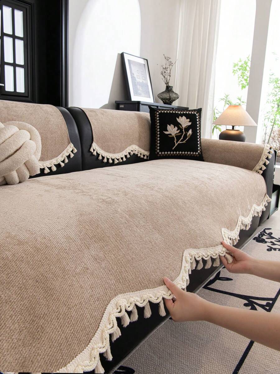 1pc Solid Color Sofa Cover, Non-Slip Chenille Sofa Slipcover, Washable Pet-Friendly Living Room Sofa Protector, Machine Washable Living Room Furniture Cover, Suitable For L-Shaped, 2-Seater, 3-Seater, 4-Seater And Sectional Sofas (Sold Separately) - Khaki - View 1