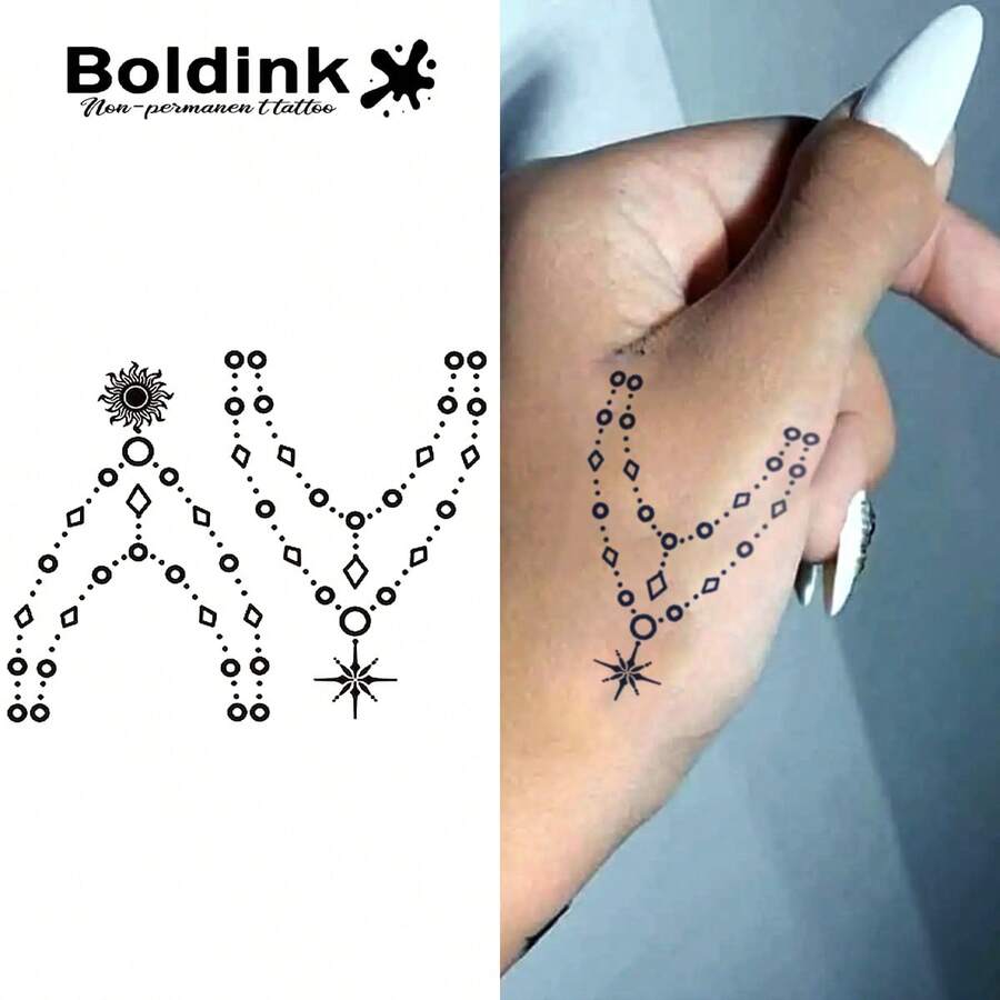Boldink 1PC Geometric Circle & Rhombus Chain Temporary Tattoo Sticker, Waterproof Body Art Tattoo, Lasts 1-2 Weeks, Plant Juice Formula, & Gentle Non-Irritating, Perfect For Daily Outfit & Body Decoration, Unisex Chinese Style Gift, Must-Have For People - Black - View 1