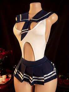 Set 3 pcs: Jumpsuit dengan Bukaan Selangkangan, Kerah, Rok Mini - Pakaian Dalam Seksi untuk Wanita, Kostum Cosplay Gaya Kampus - Blue and White - View 7
