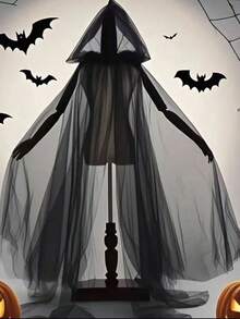 1pc Hooded Dark Gothic Halloween Long Mesh Cloak, Cool Witch Costume Cape Unisex - Black - View 10