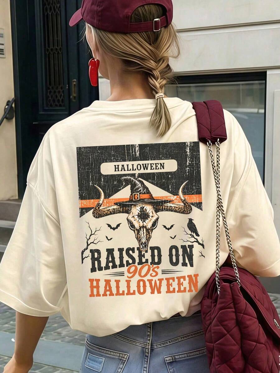 Retro Western 90s Halloween, Western Skeleton Witch Hat Pattern, Graphic Fall Clothes For Women - Multicolor - View 1