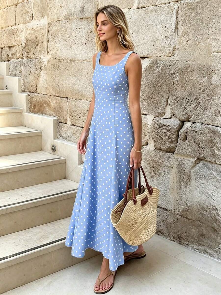 Spring/Summer Light Blue & White Polka Dot Sleeveless A-Line Maxi Dress, Minimalist Elegant Style For Daily Commute Vacation Party