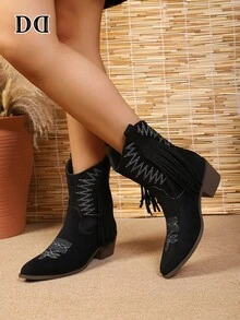 Retro Fringe Cowboy Boots, Pointed Toe Embroidery Flock Surface Chunky Mid Heel Western Ankle Footwear - Black - View 6