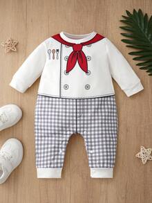 Chef Print Baby Boy Long Sleeve Jumpsuit, Red Bow Tie & Utensils Pattern, Plaid Pants, Newborn Photo Crawl Suit - White - View 12