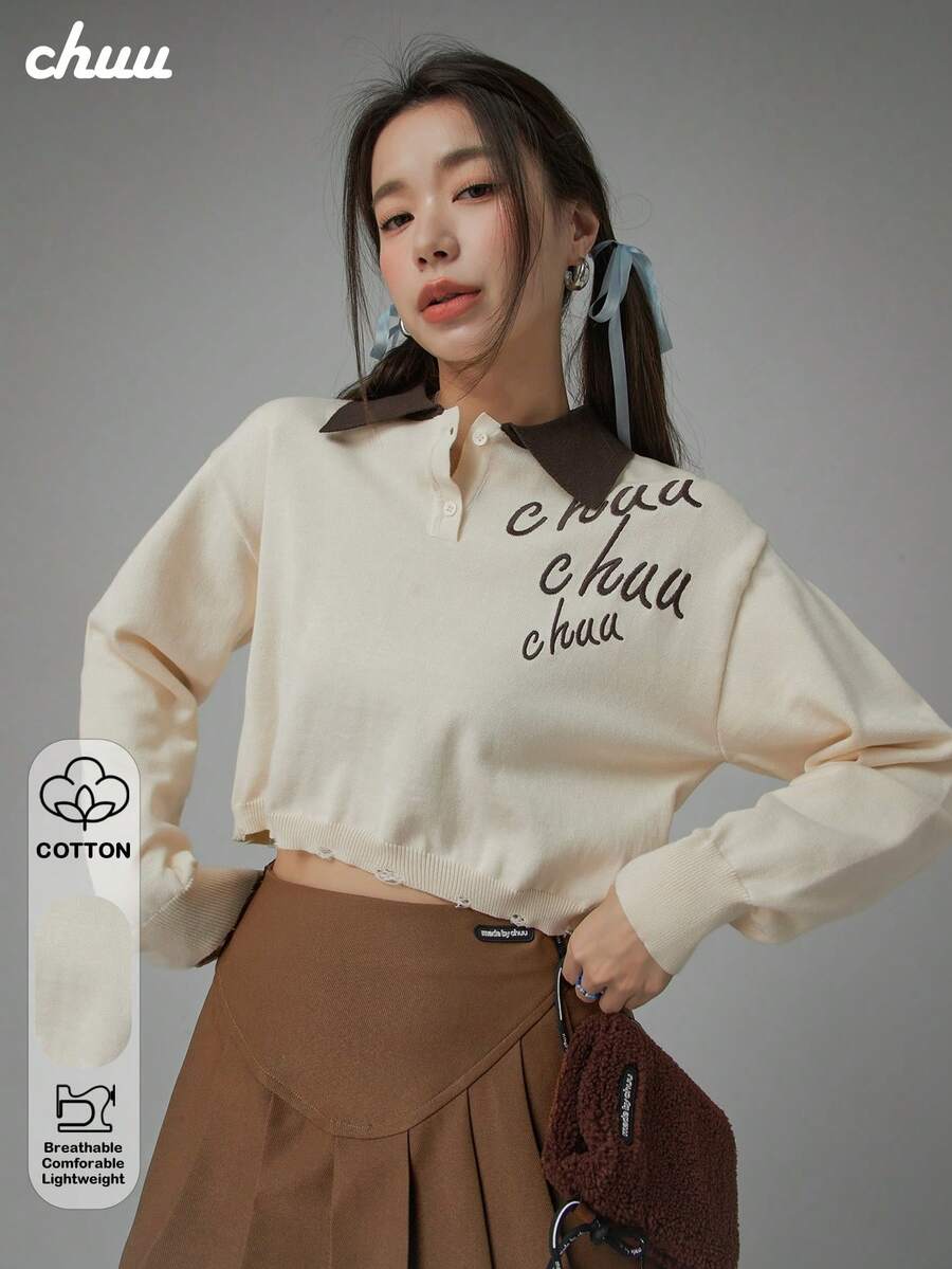 CHUU Letter Embroidered Knit Sweater Women Autumn POLO Collar Long Sleeve Short Pullover - Apricot - View 1