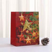 34/68/102pcs Vintage Red Christmas Star Gift Paper Bags With Handles, Poinsettia Candle Xmas Holiday Gift Wrapping Bags, Includes Christmas Stickers - Multicolor - View 6