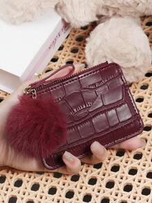 Minimally Designed Stone Patterned Card Bag, Zippered With A Pom Pom Charm, Credit Card Storage Bag, Women's Card Bag - Black - View 12